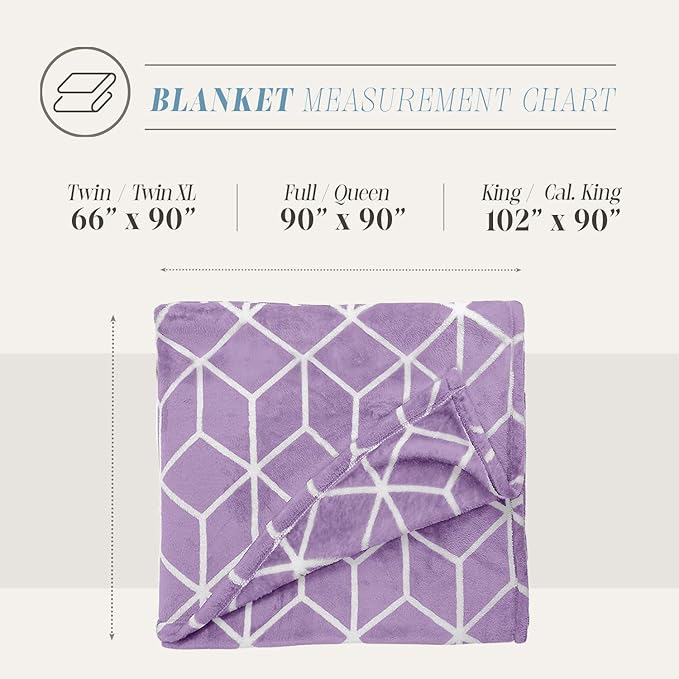 Elegant Comfort Luxury Velvety Feel Blanket, All-Season Lightweight Blanket, Ultra Plush, Soft, Cozy-Fuzzy Flannel Fleece for Couch, Sofa, Bed, Travel, Cube Design, Full/Queen, Lilac