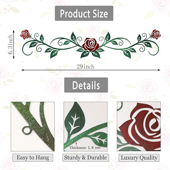 AHYS Metal Flowers Wall Decor Rustic Flat Rose Vine Wall Art for Farmhouse Home Living Room Bedroom for Above Door /Bed /Windows Decor (Green & Red) - 29x6.3 Inches