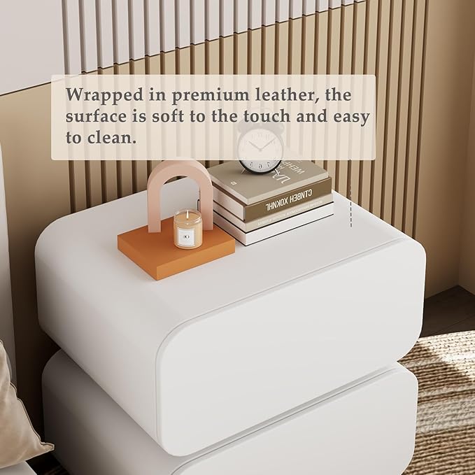 Modern Nightstand with Storage, Small End Table with Upholstered Leather Finish, 2 Solid Wood Drawers for Bedroom Bedside Couch