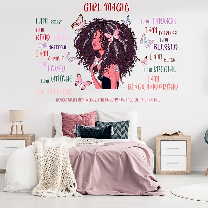 Black Girl Wall Decal Inspirational Quote Butterfly Sticker Motivational Saying American Wall Decor Sticker for Afro Woman Bedroom Playroom