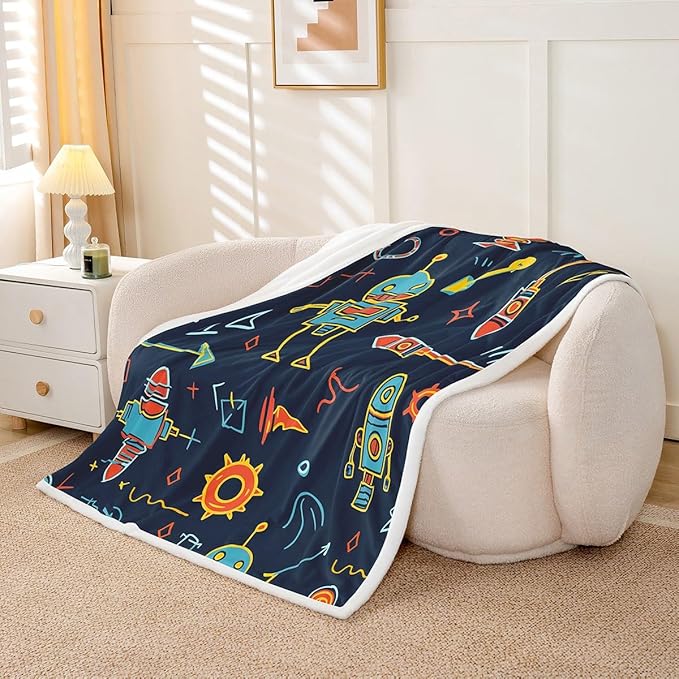 Erosebridal Nursery Robot Sherpa Blanket - Cartoon Rocket Throw for Kids, Boys, Girls - Gear Machine Science Fuzzy Fleece 50"x60" Blue Orange - Child Sofa Decor