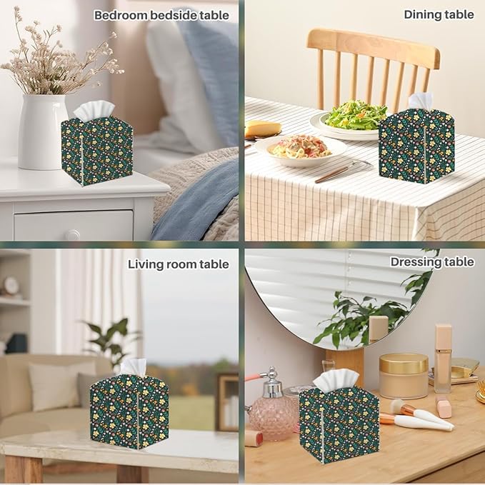 Tissue Box Cover, Tissue Box Holder, Square with Belt Bottom, PU Leather Decorative Organizer for Desk, Tabletop, Countertop Bathroom, Toilet, Car, Office, Dresser Kitchen, Aesthetic Wildflowers Decor