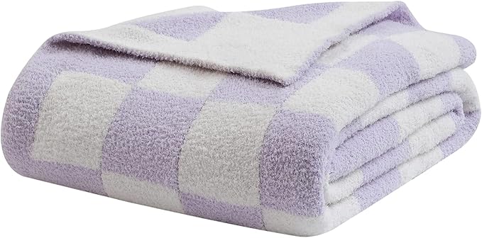 bearberry Fuzzy Checkerboard Grid Throw Blanket Knitted Soft Cozy Warm Microfiber Blanket Decor for Couch Sofa Bed Travel Home (Purple, 40''x50'')