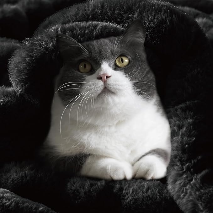 BEDELITE Faux Fur Throw Blanket for Couch, Soft and Cozy Luxurious 3D Striped Fluffy Blanket, 770GSM Thick Warm Plush Fuzzy Faux Rabbit Fur Blanket for Women Gift (Black, 60"x 80")