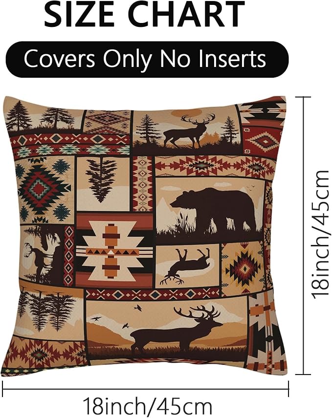 Rustic Wildlife Geometric Bear Throw Pillows Covers Set of 2 18x18 Inch, Retro Brown Bear Moose Decorative Throw Pillowcases, Vintage Pillowcovers for Sofa Living Room Couch Bedroom Cabin Spring Decor
