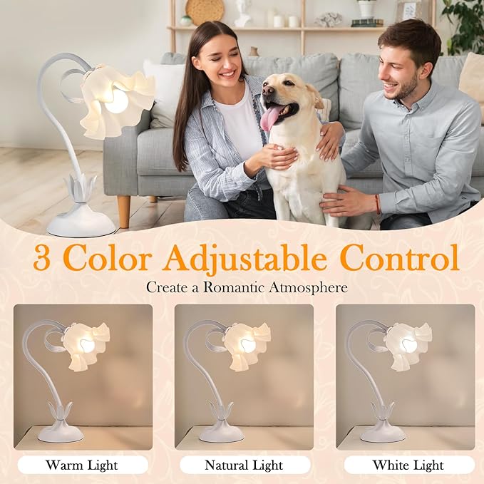 Flower Table Lamp, LED Reading Light Vintage Bedside Table Lamp with 3 Color Modes for Nightstand, Kawaii Decoration for Home Bedroom Living Room (White)
