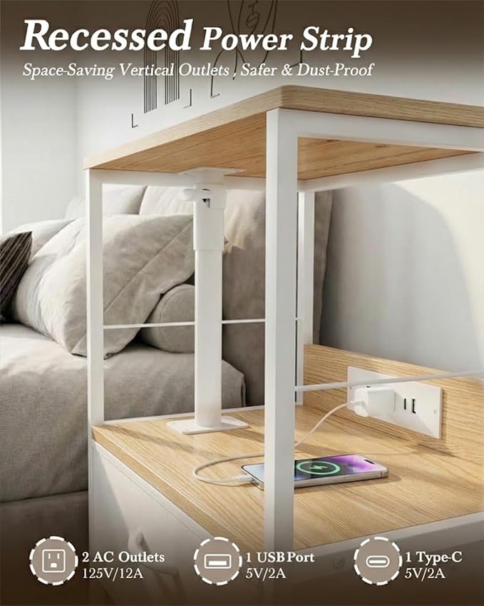 360° Swivel Nightstand with Height Adjustable, Lift Top Bedside Table with Charging Station, Rolling Night Stand with 2 Fabric Drawers, End Table with Wheels, for Bedroom, Living Room, Natural White