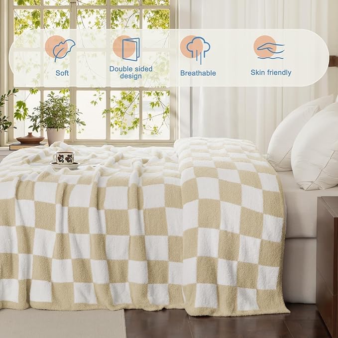 Whale Flotilla Checkered Knit Throw Blanket, Ultra Soft Warm Reversible Cozy Decorative Blankets for Couch Sofa and Bed, 50x60 Inch, Camel