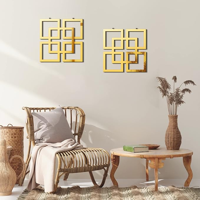 Weysat Wall Mount Home Mirror, 2 Pieces Silver Square Decorative Mirror for Bedroom, Living Room, Bathroom, 11.8 x 11.8 Inches(Gold,Mirrored)