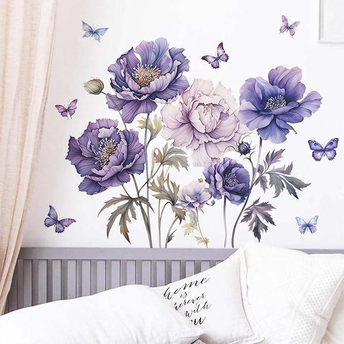 TUOKING Purple Flowers Wall Stickers Removable Butterfly Wall Murals Peel and Stick Wall Art Decal Home Decor for Kitchen,Bedroom,Living Room(fun-c16)