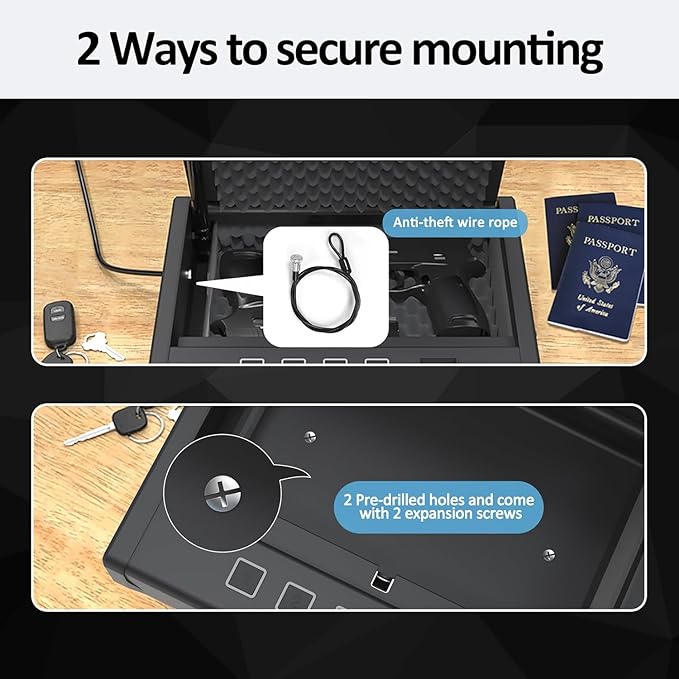 HARDROCK Gun Safe for Pistols, Biometric Wall Mounted Handgun Safe Box for Desk, Bedside,Truck，Drop Down Quick Access Security Safe with Fingerprint Keypad Lock for Home nightstand