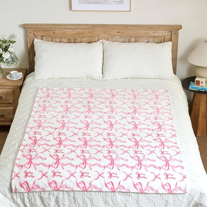Pink Bow Twin Blanket – 60x80 Inch Soft Fleece Blanket for Girls and Women, Coquette Aesthetic Room Decor for Bed, Couch, Chair, Preppy Bedroom or Gift, Cute Pink Bow Decor Blanket
