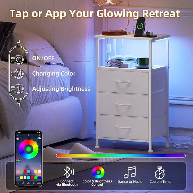 Somdot Nightstands Set of 2,Bedside Tables with Charging Station and LED Lights,Night Stand with 3 Fabric Drawers, End Tables with Open Shelf for Bedroom Living Room Entryway Hallway, White Leather
