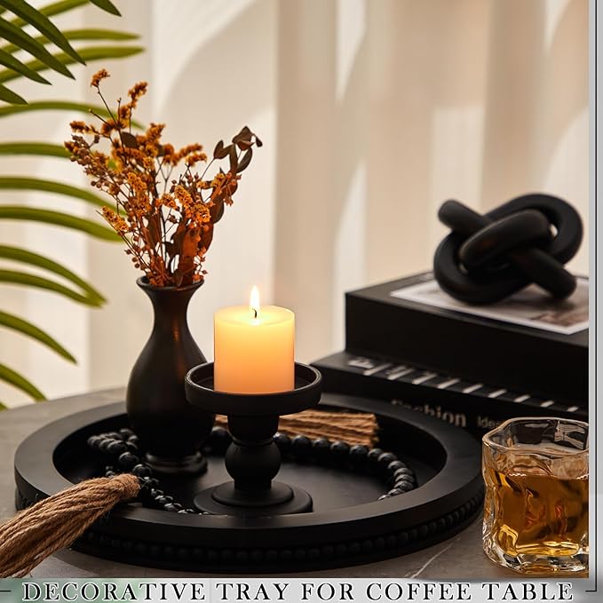 3 Pcs Coffee Table Decor Include 12in Black Wooden Serving Tray, Wood Boho Knot Chain and Wood Bead Garland with Tassels for Coffee Table Housewarming Gift Dining Room Entryway Living Room Farmhouse