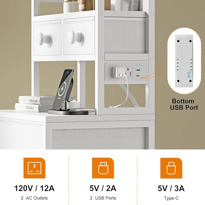 REAHOME 41 Inch Tall Nightstand with Charging Station, LED Night Stand with 6 Fabric Drawers, Bed Side Table with 3-Tier Wood Storage Shelves for Bedroom, Office, Small Spaces, White