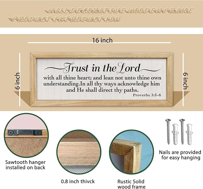 comurdyo Trust in the Lord with All Thine Heart Sign Wall Art 16"×6" Proverbs 3:5-6 Scripture Christian Framed Wood Decor (Wood)