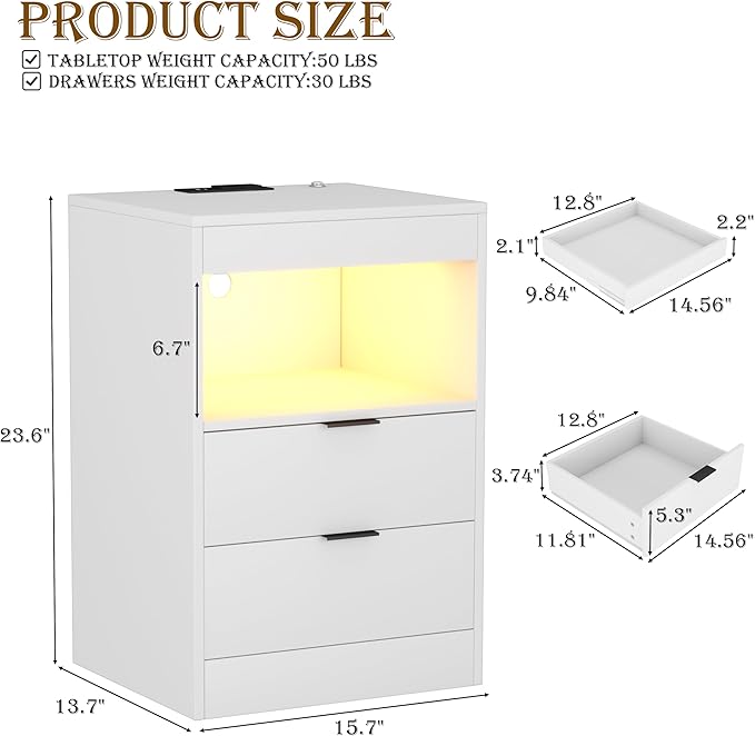 Yusong Night Stand with Gun Drawer & Invisible Lock, Bedside Table, LED Nightstand with Charging Station, Modern Night Stand, Wood Sofa Couch End Side Table with 2 Pull-Out Shelf, White