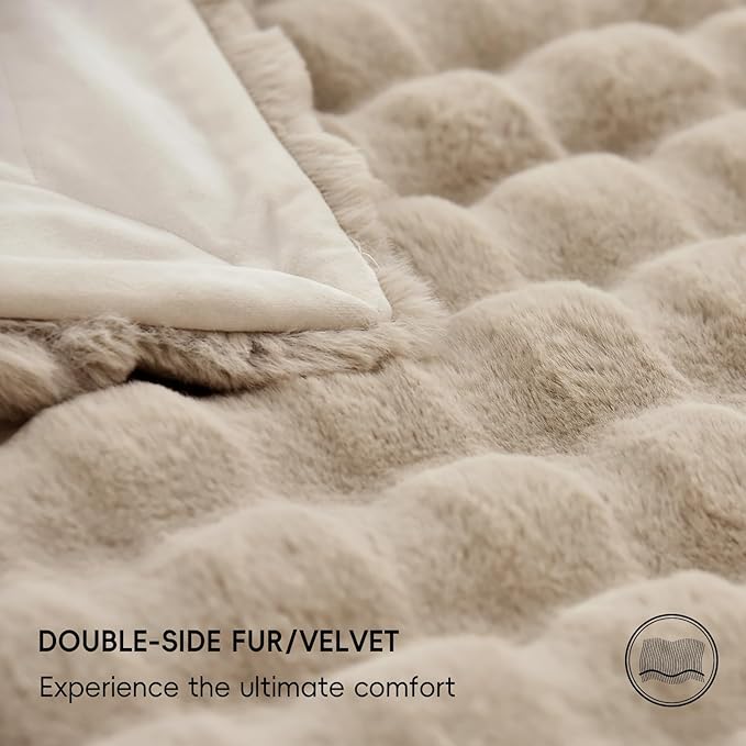 PHF Luxury Faux Rabbit Fur Blanket Twin Size, Ultra Soft Fluffy Plush Cozy Warm Bubble Blanket for Bed, Couch, Chair, Sofa Decorative, Thick Reversible Suitable for Fall & Winter, 60" x 80", Oak