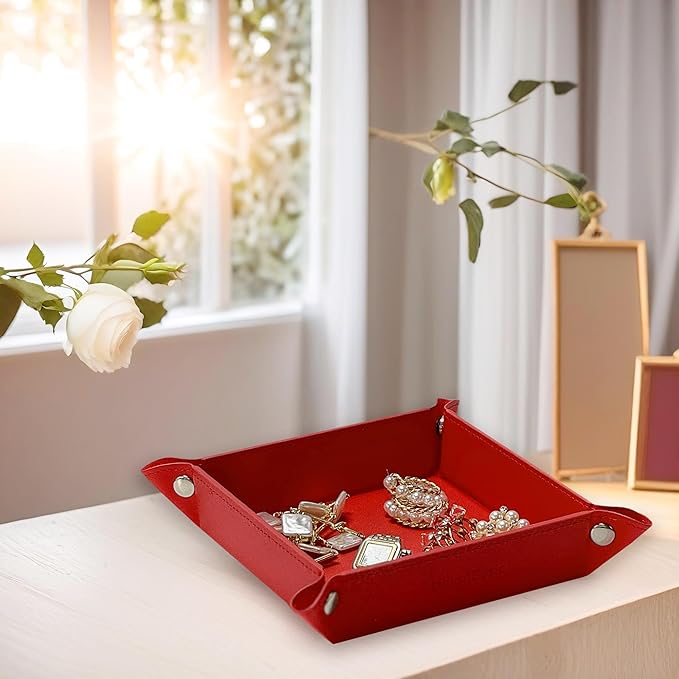 UnionBasic Small Valet Tray, Jewelry Tray for Rings Watches Earrings, Entryway Catchall Caddy for Coins Keys Change, Nightstand Bedside Valet Holder, Trays for Electronic Gadgets, Red