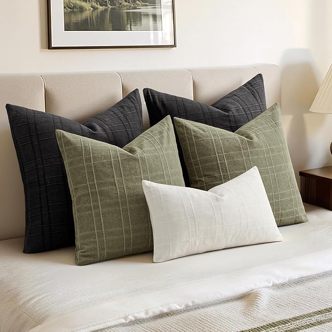 MIULEE Decorative Linen Check Euro Shams Throw Pillow Covers Neutral Farmhouse Vintage Spring Pillow Covers 24x24 Set of 2 Boho Modern Home Decor for Sofa Couch Bedroom Cushion Sage Green