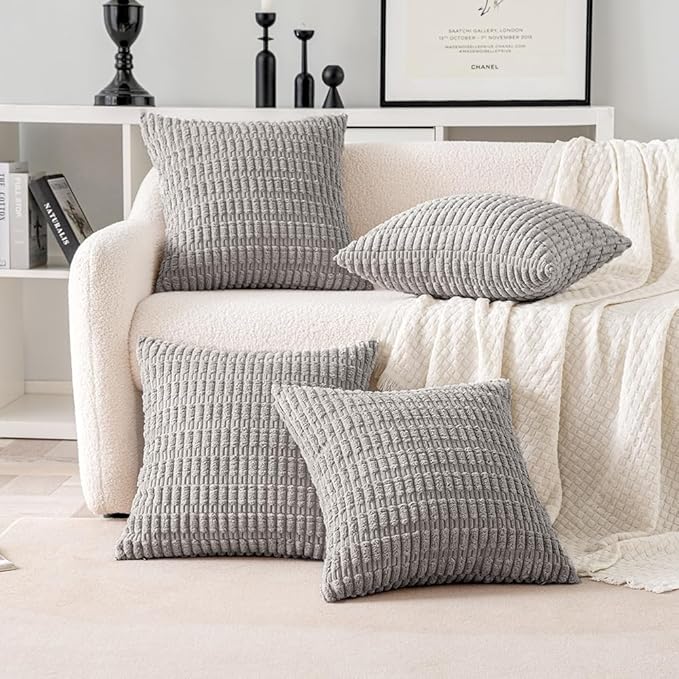 MIULEE Pack of 4 Light Grey Corduroy Decorative Throw Pillow Covers 20x20 Inch Soft Boho Striped Pillow Covers Modern Farmhouse Home Decor for Sofa Living Room Couch Bed