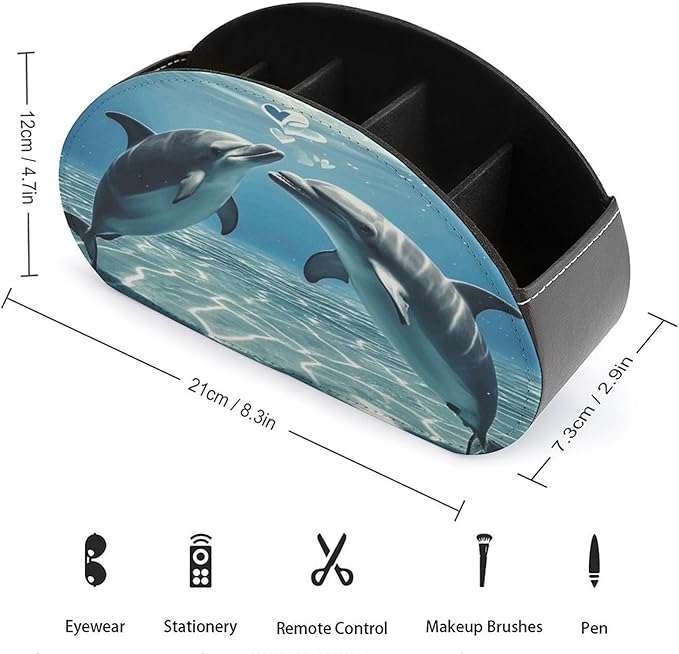 Dolphins in Love Remote Control Holder Organizer Box with 5 Compartment PU Leather Bedside Storage Caddy Remote Organizer for Controller Media Player Pen/Pencil Storage