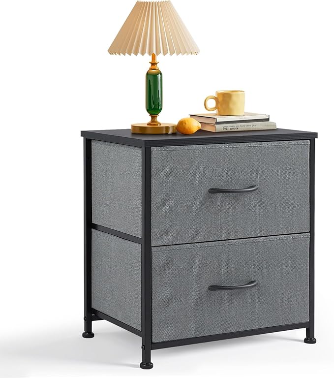 Nightstand Set of 2, Small 2 Drawer Dresser End Table Bedside Furniture, Wooden Top Fabric Bins for Bedroom, Closet, Entryway, Dorm, 11.8" D x 18" W x 20", Gray