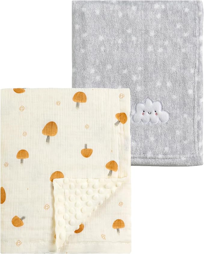 CREVENT 2Pcs 30''X40'' Cute Cozy Fluffy Warm Baby Blankets for Infants Toddlers' Bedding Crib Cot Stroller - Grey Cloud + Muslin Mushroom