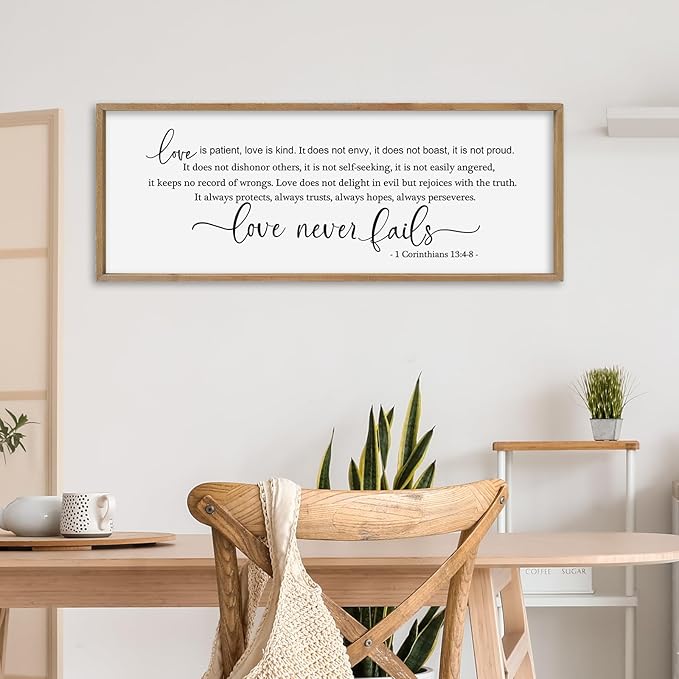 SRSZHIYUE Bible Verse Wall Art Love is Patient Kind Sign 32"×12" 1 Corinthians 13 4-8 Christian Inspirational Faith Wood Framed Living Room Office Large Plaque Wall Hanging (Wood)