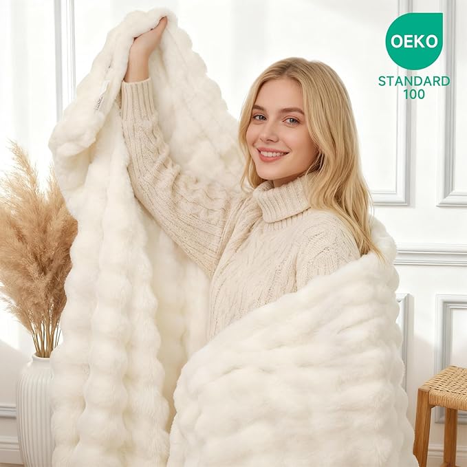 Luxury Double-Sided 3D Bubble Faux Fur Throw Blanket – Ultra Plush & Fluffy Cream White Cozy Blanket for Couch, Sofa & Bed | Soft Gift for Women, Birthday, Housewarming, 60" x 80"