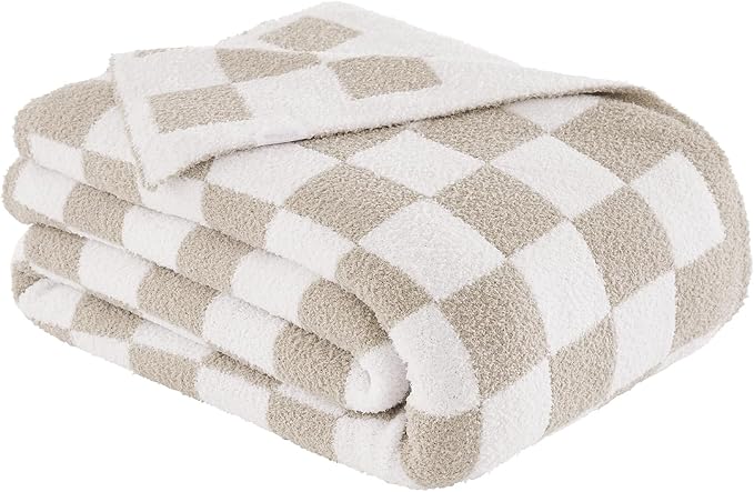 Checkered Throw Blanket, Taupe Soft Cozy Fluffy Knitted Throw Blankets for Couch, Sofa, Bed, Chair, Warm Fuzzy Travel Picnic Lightweight Plaid Blanket, 60x80 inches