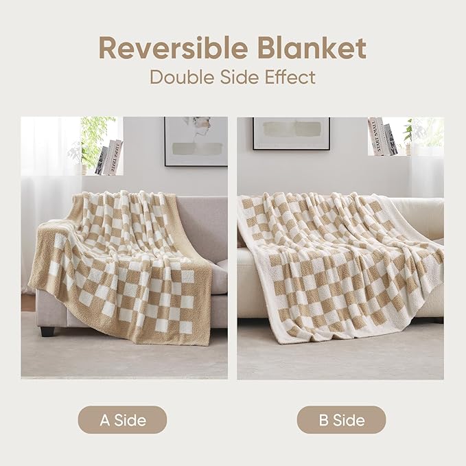 Snuggle Sac Checkered Throw Blanket for Couch, Super Soft, Cozy Warm Knit Blankets, Reversible Fluffy Checker Throws for Sofa, Bed, Checkered Beige, 50x60 Inches