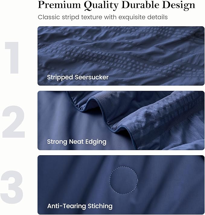 Cozy Bliss Striped Seersucker Cooling Comforter Twin Size, Lightweight Airflow Silky Cooling Bedding with Q-Max>0.45 for Bedroom, Home Decor, Hot Sleepers & Night Sweats, Navy Blue 68"x90"