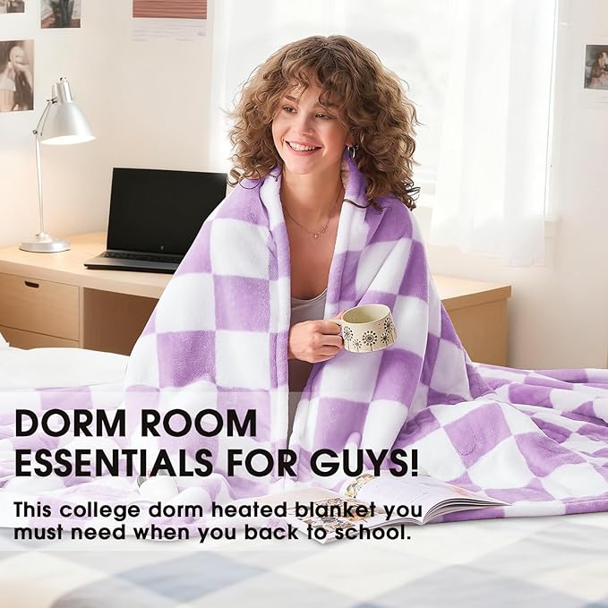 Heated Electric Blanket Throw, 50X60 Heating Blanket with 10 Heat Level & 8 Hours Auto Off for Lap, Light Purple Checkered Plaid Soft Sherpa Blankets for Mom Grandma Women Couch