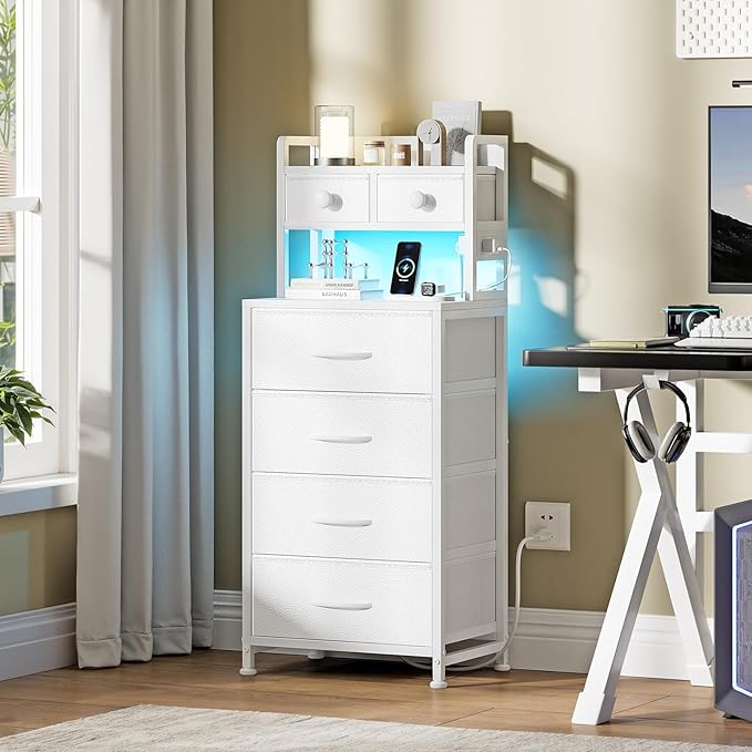 REAHOME 41 Inch Tall Nightstand with Charging Station, LED Night Stand with 6 Fabric Drawers, Bed Side Table with 3-Tier Wood Storage Shelves for Bedroom, Office, Small Spaces, White