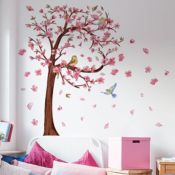 3D Flower Tree Wall Decals Peel and Stick Large Cherry Blossom Stickers for Wall in Heart Shape with Birds Removable Wall Stickers & Murals for Living Room Bedroom Girl Nursery Classroom Home Decor