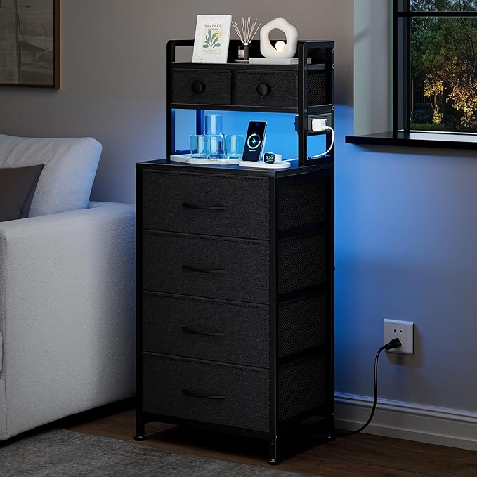 REAHOME 41 Inch Tall Nightstand with Charging Station, LED Night Stand with 6 Fabric Drawers, Bed Side Table with 3-Tier Wood Storage Shelves for Bedroom, Office, Small Spaces, Dark Gray