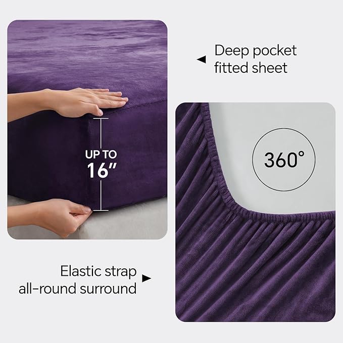 BEDELITE Flannel Sheets King Size Purple - Super Soft Fleece Sheets Set Fluffy Extra Plush, 4 Piece(Include Fitted Sheet, Flat Sheet, 2 Pillowcases)
