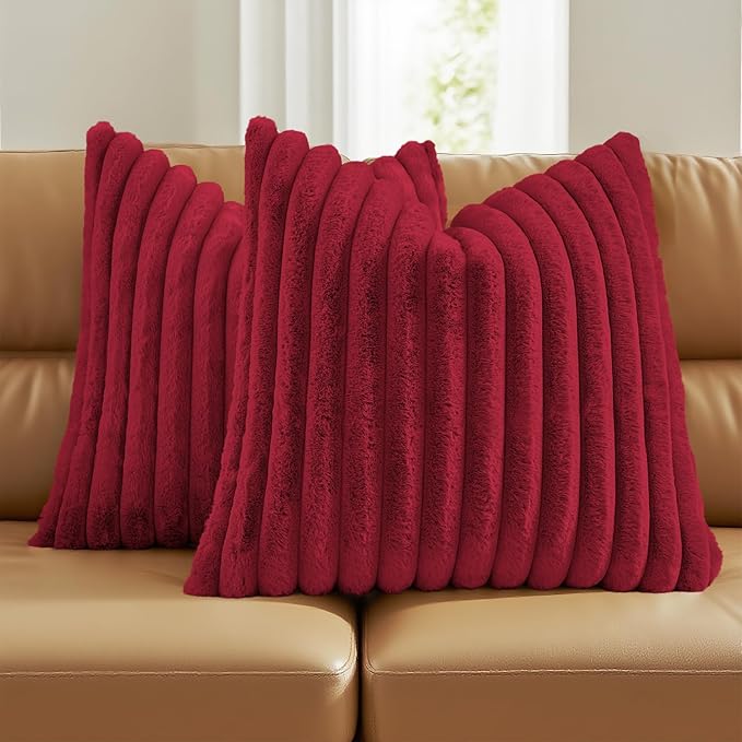 FUTEI Retro Red Decorative Throw Pillow Covers Set of 2, 24x24 Inch Soft Fluffy Faux Fur Plush Striped European Cushion Cases, Modern Home Decor for Couch Bed Living Room