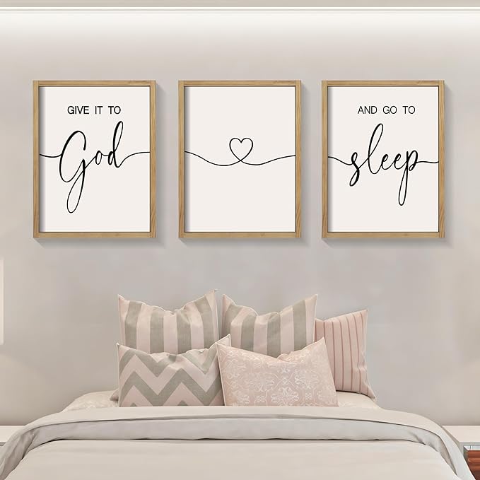 Heiple Give It to God and Go to Sleep Sign Set of 3 Above Bed Wall Decor Farmhouse Bedroom Decor Wood Framed Art Rustic Master Bedroom Essentials Home Decoration (Brown, 11”x14”)