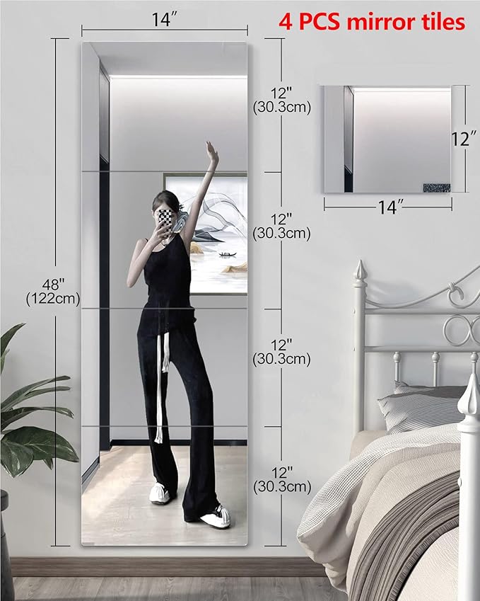 Shatterproof Wall Mirror Full Length for Bedroom, Acrylic Gym Mirrors For Home, Extra Thick : 0.12 Inch, 14 x 12 Inches x 4 PCS, Workout Mirrors Safe for Kids, Over The Door, Long Wall Mounted Mirror
