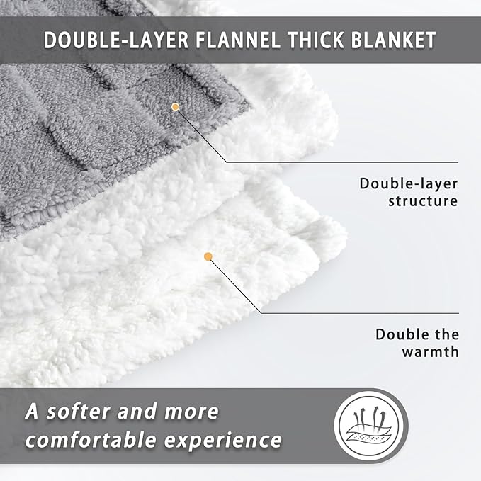 Sherpa Throw Blanket for Couch, Flannel Cozy Soft Thick Blanket for Bed - Fleece, Light Grey, 60x80 Inches