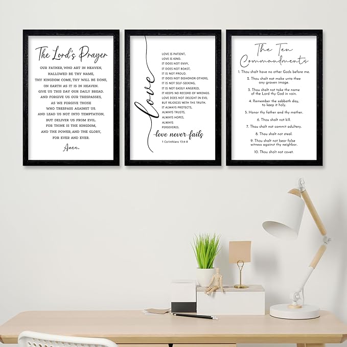 comurdyo Christian Bible Verse Wall Art 24"×16" Set of 3 Positive Religious Minimalist Quotes Sign for Rustic God Jesus Christ Prayer Inspirational Catholic Scripture Decor Wood Framed Hanging (Black)