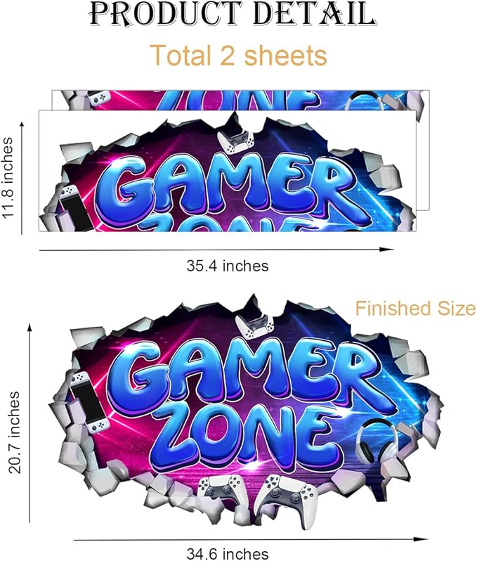 Large 3D Gamer Zone Wall Decals (20.7”x34.6”), Video Gaming Vinyl Wall Stickers for Game Lover, Removable Video Game Artwork for Boys Playroom Bedroom Decor