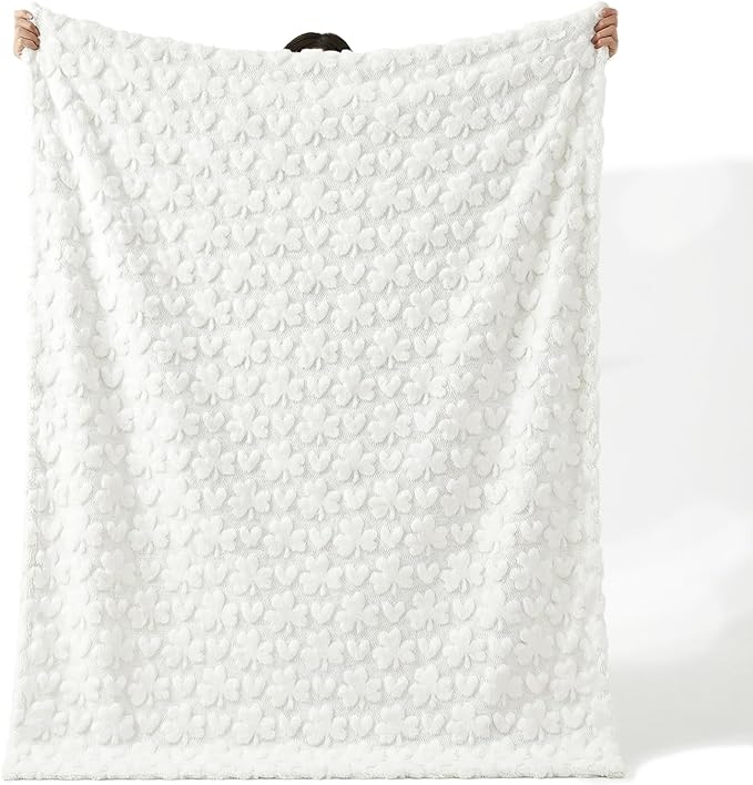 Horaldaily St. Patrick's Day Solid Blanket Throw, White Shamrock Heart Soft Fuzzy Plush Faux Fur Cozy Blankets for Couch Sofa Bed Lounging, Ideal Gifts for Kids Adults Wife Self, 50x60