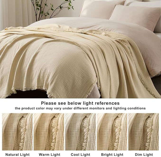 WDCOZY 100% Cotton Muslin Blanket King Size 4-Layer for Bed Breathable Lightweight Soft Large Boho Farmhouse Linen Tassels Ruffle Gauze Blankets All Season for Adults 108x90 Inches Beige Tan Neutral