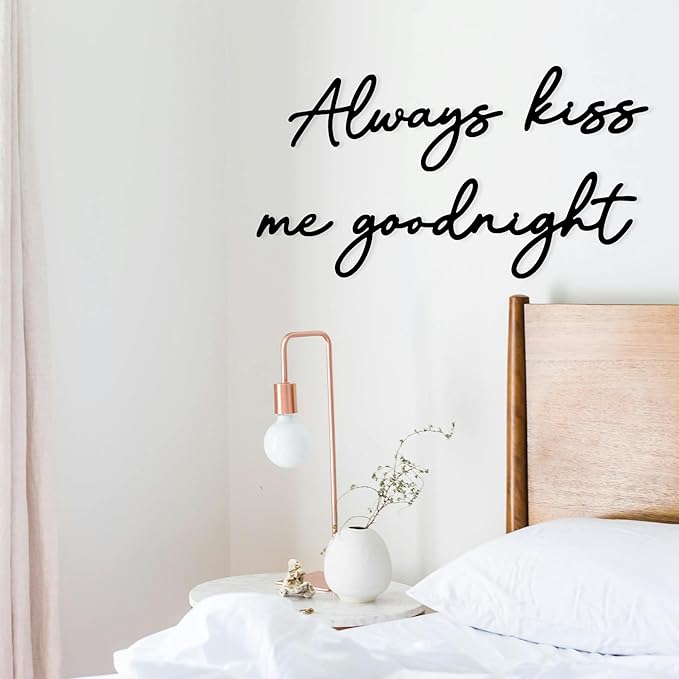 Always Kiss Me Goodnight Wall Sign Metal Wall decor Love Theme Wall decor Wall Hanging Sculptures for Bedroom Living Rooms, Black, 19" x 10.2"
