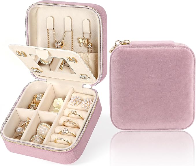 Plush Velvet Travel Jewelry Case Small Jewelry Box Jewelry Organizer Storage Case Portable Jewelry Travel Case for Girls Womens Earring, Necklace, Rings,Bracelets with Mirror