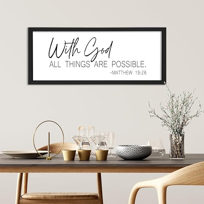 flowtorely With God All Things Are Possible Wall Decor Scripture 24"×10" Matthew 19:26 Bible Verse sign Christian Large Wood Framed Wall Hanging (Black)