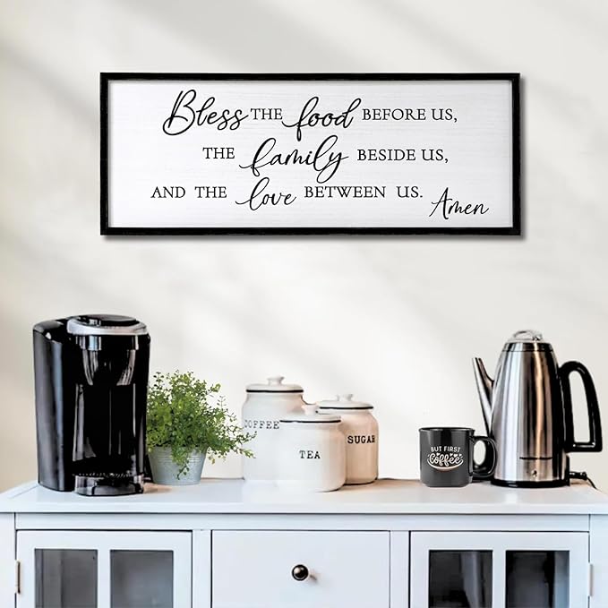 Foutcheou Bless The Food Before Us Wall Decor, 32"X12" The Love Between Us Sign Framed Farmhouse Kitchen Wall Decororation, Rustic Christian Bible Verse Wall Art for Dining Room
